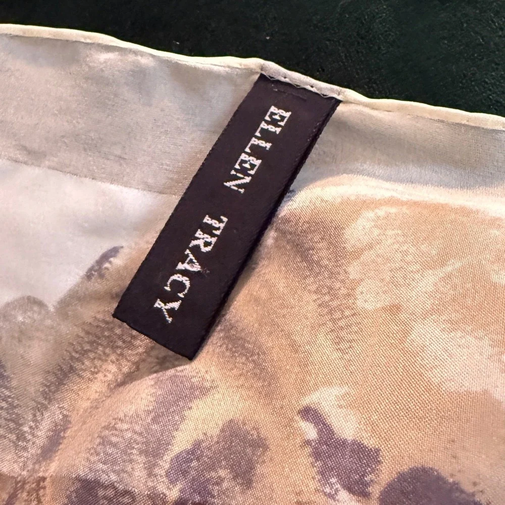 Ellen Tracy 100% Silk Floral Rose Stripe Square Scarf Neutral Gray 35 Inch